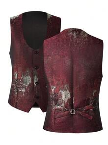 Men's  Gradient Graffiti 3-Piece Suit Set - Blazer, Vest & Stretch Waist Black Pants Edgy & Stylish - Red and Black - View 5