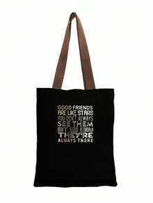 1 件黑色字母印花女士手提包，敞口帆布单肩包，适合学生、大学、高中的简单手提包，可容纳笔记本、文件、旅行 - 黑色 - 查看 1