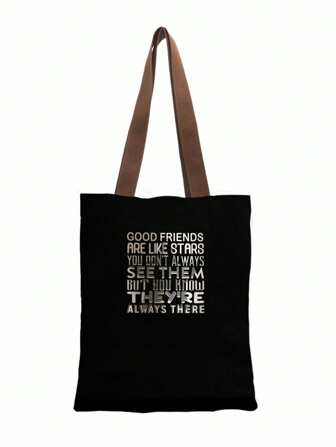 1 pièce Sac fourre-tout pour femme avec imprimé lettres noires, sac à épaule en canevas à ouverture supérieure, sac simple pour étudiants, collège, lycée, convient pour les cahiers, documents, voyages