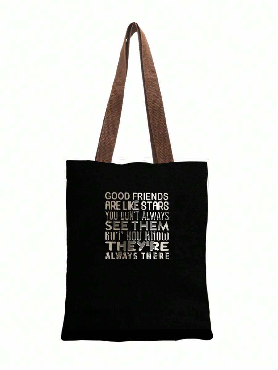 1 件黑色字母印花女士手提包，敞口帆布单肩包，适合学生、大学、高中的简单手提包，可容纳笔记本、文件、旅行 - 黑色 - 查看 1