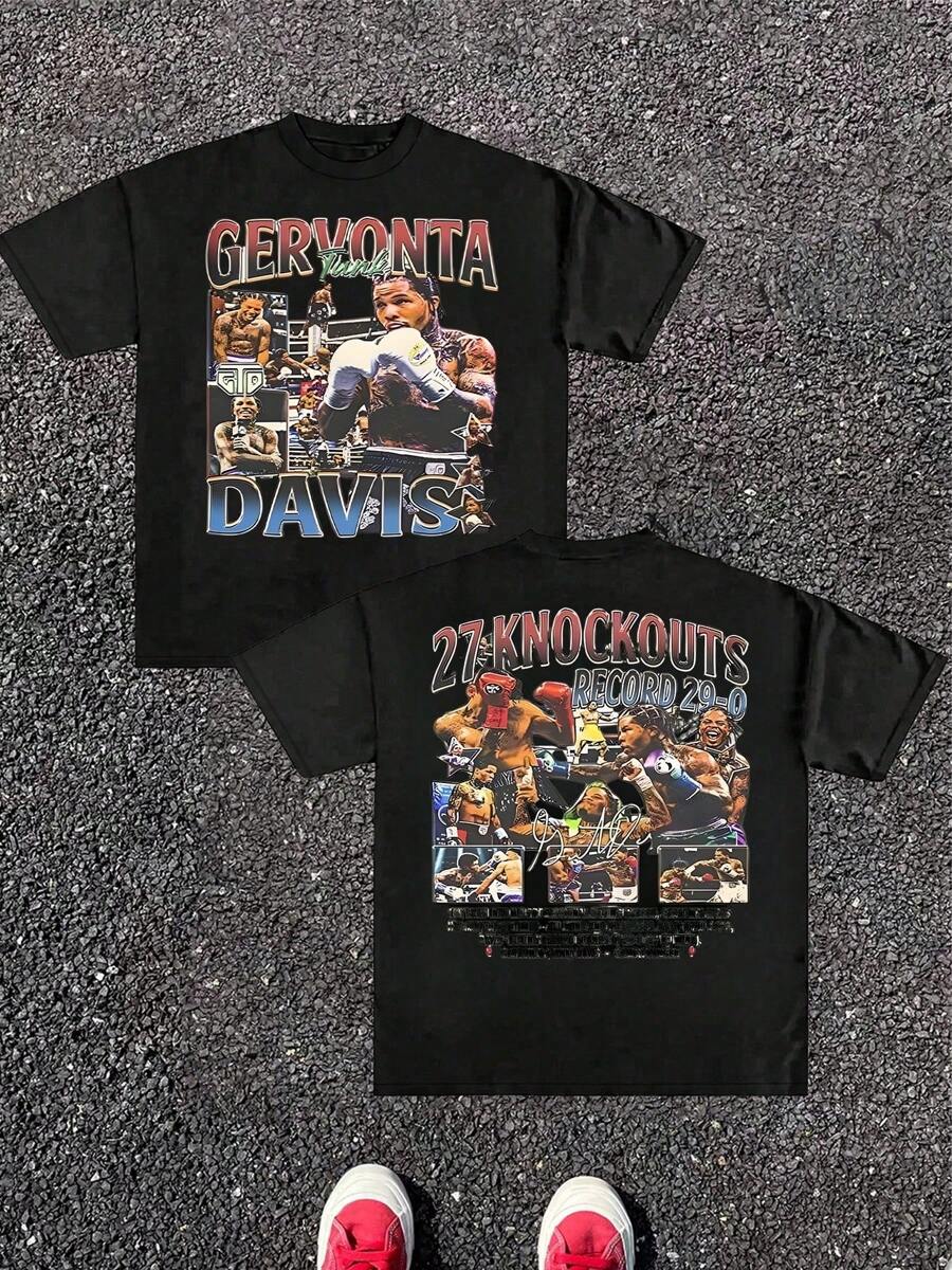 Vintage Gervonta Davis Boxing 27 Knockouts 220g Men's Short Sleeved T Shirt 1Pcs Graphic Tee 100% Cotton Double Sided Digital Printed