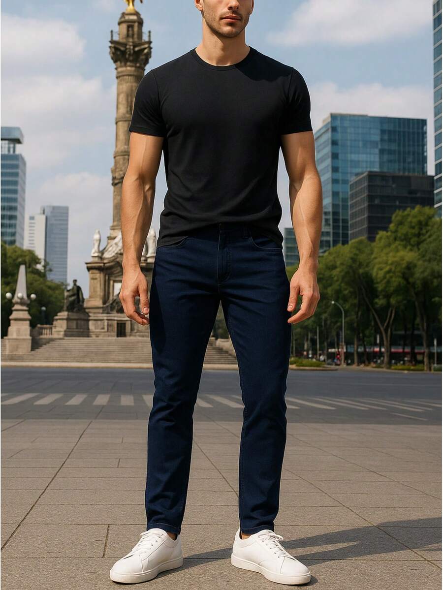 Pantalón mezclilla para hombre corte slim con bolsas traseras y delanteras - Azul Marino - Ver 1