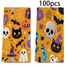 Un set de 2 toallas con temas de Halloween con patrones impresos de fantasmas y gatos negros, decorados con cuadrículas, lavables a máquina, resistentes al calor, absorbentes y reutilizables. Es un regalo ideal para la decoración de la habitación, toallas de cocina y baño, decoración de fiestas y decoración del hogar.