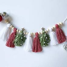 Handmade Christmas Tree Knitted Nordic Style Green & Red Pom Pom Tassel Woven Bohemian Hanging Ornament, Wall Decor Christmas Decoration Home Decor Christmas Decorations Room Decor