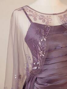 全新浪漫紫色蕾丝披肩搭配优雅细肩带连衣裙，带披肩的礼品套装 - 淡紫色 - 查看 2