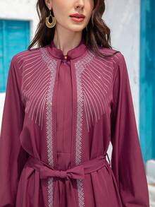Women's Fashion Elegant Beaded Abaya Dress With Loose Long Sleeves Belt Style Casual Conservative Arabian Robe