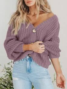Women's Fall Chunky Knit Open Front Sweater Long Sleeve Button Loose Short Cardigan Outerwear Coats - Sương mù xanh tím - Xem 3