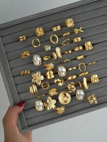 6-14pcs Fashion Punk Asymmetrical Chunky Floral Baroque Faux Pearl Gold Tone Ring Set For Women, Suitable For Holiday, Date, Party, Gift, Daily Wear (No Box) - Yellow Gold - View 2