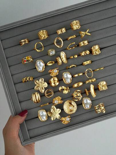 6-14 件时尚朋克不对称厚实花卉巴洛克仿珍珠金色戒指套装，适合女士，适合节日、约会、派对、礼物、日常佩戴（无盒）