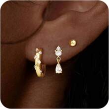 BERISO 14K Gold Hoop Earrings For Women - Hypoallergenic Small Huggie Hoops Cartilage Earrings Set Cute Cubic Zirconia Dangle Stud Earrings Jewelry Gifts