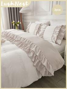 3pcs Solid Color Synthetic Polyester With Double Layered Ruffle Edge Set For Duvet Head, Three Pieces Set - Multicolor - View 1