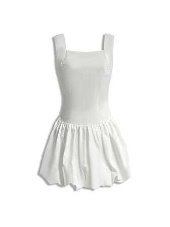 女士纯色荷叶边下摆无袖时尚迷你连衣裙