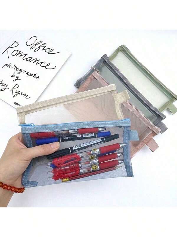 1pc Transparent Mesh Pencil Case, Simple Desk Organizer For Office And School Supplies, Visible Exam Special Pencil Bag