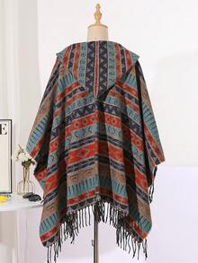 1pc Autumn/Winter Tassel Geometric Pattern Hooded Unisex Cape Shawl Outerwear For Daily Wear And Travel - Multicolor - View 8