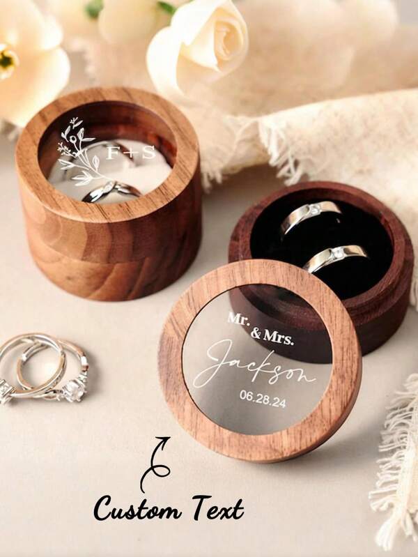 1 pieza Caja de anillo de madera de nogal personalizada, caja de anillo de pareja con ventana redonda, caja de anillo de boda, personalizada con nombre y fecha, con tapa de acrílico transparente, ranuras dobles, caja de intercambio de anillos de boda de madera, caja de almacenamiento de joyas, caja de anillo de compromiso, soporte de anillo de boda vintage y rústico, impermeable, ideal para aniversario de boda, regalo para esposa/esposo, padre/madre, parejas, novia, boda