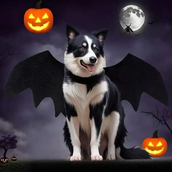 Halloween Bat Wings Dog Costume - Adjustable Pet Apparel, Durable Polyester Medium Dog Set, Cute Bat Pattern Party Photo Prop, Holiday Dog Outfit