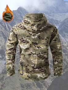 1pc Men's Camouflage Thermal Lined Jacket, Multi-Pocket Zipper Design Hooded Outdoor Jacket, Great Winter,Skiing - Khaki - View 3