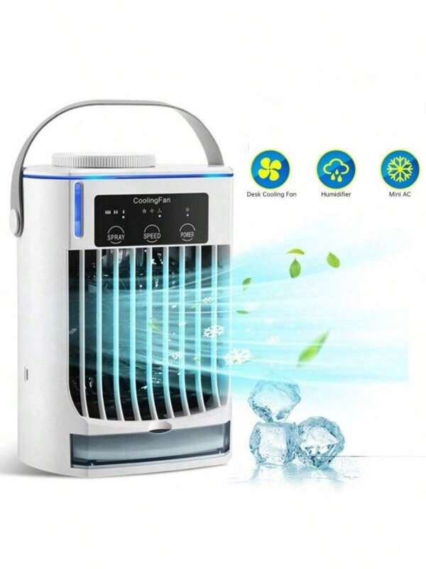 [1 pieza Ventilador de aire acondicionado portátil 3 en 1 con humidificación y niebla de hielo] - Humidificación con niebla de hielo - Pantalla LED digital - Conexión USB directa - Silencioso - Enfriamiento rápido - Luz nocturna de colores - Adecuado para hogar, oficina, exterior, caravana, dormitorio, escritorio