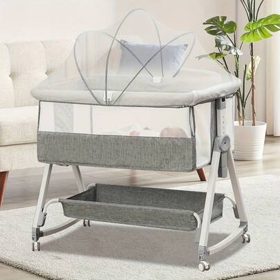 Baby Bedside Sleeper, 3-In-1 Baby Crib Bedside Bed With Mosquito Net, Baby Crib With Wheels And Storage Basket, Full Mesh And Adjustable Height Crib For Newborns 0-6 Months (Grey)