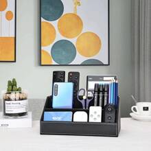 3-Compartment TV Remote Control Organizer/Storage Holder, PU Leather Remote Control Stand Bedside Table Top, Storage Box, Phone And Media Accessories Organizer, Desk Organizer Box (Black) - Black - View 5