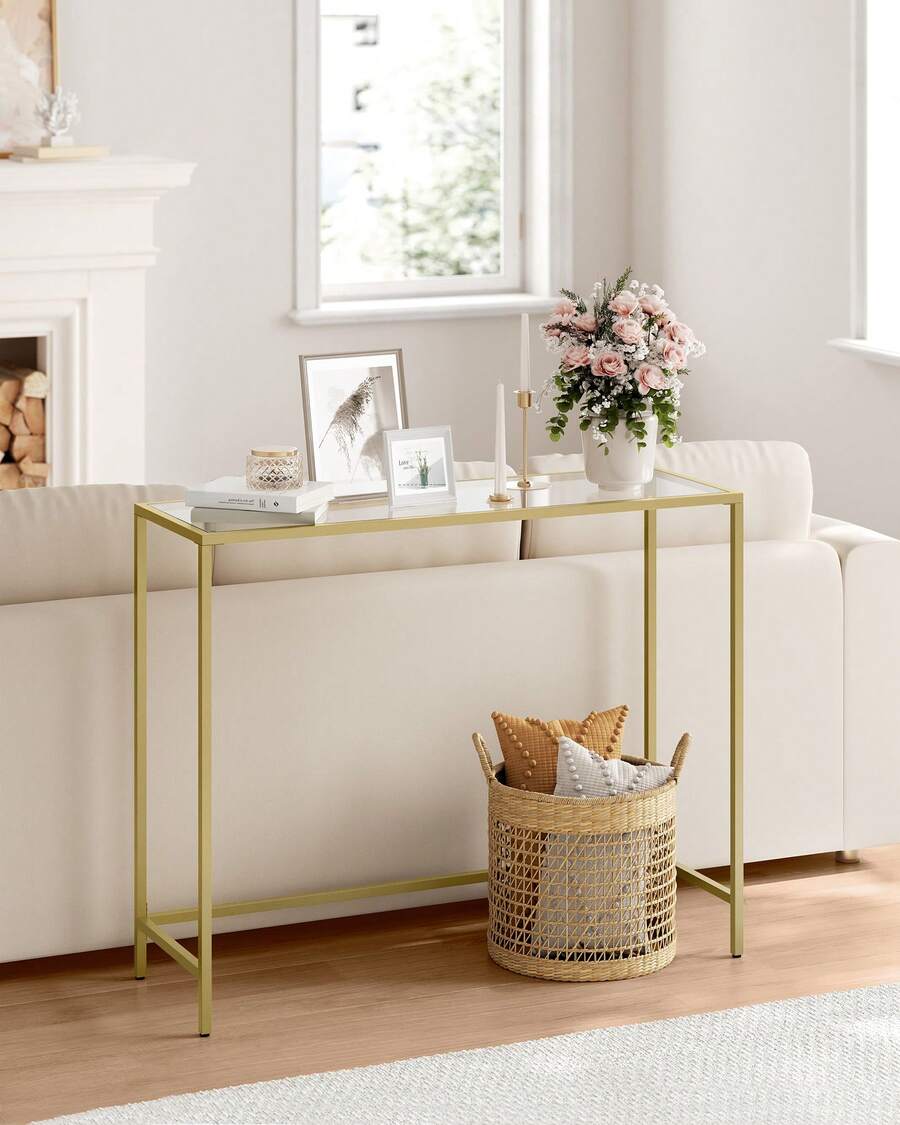 Mesa de Consola, Mesa de Entrada, Extremo del Sofá, Tablero de Vidrio Templado, Marco de Metal, Patas Ajustables, para Salón, Entrada, Pasillo, Dorado Pálido y Transparente - Dorado - Ver 1