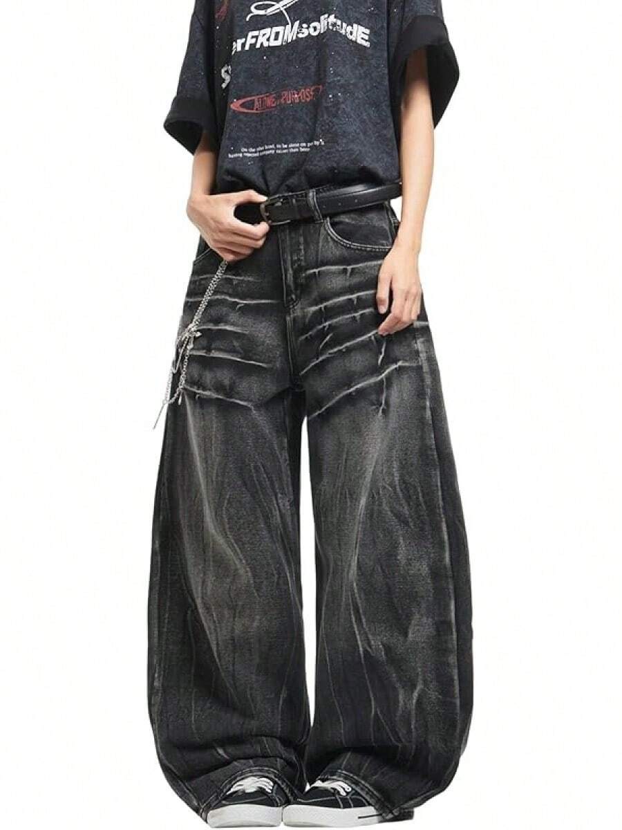 Mens Streetwear Hip Hop Baggy Jeans Wide Leg Skater Denim Pants Loose ...