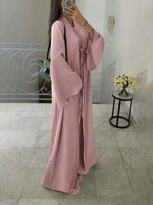 ANCHOSE Women's Middle Eastern Elegant Sleeveless Maxi Dress And Bowknot Long Cardigan Two Pieces Set - Baby Pink - View 5