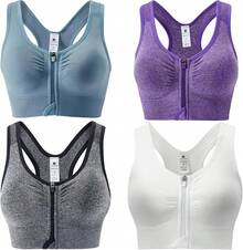 Zip Front Sports Bra For Women - Medium Support Racerback Workout Bra With Removable Pads & Double Hookshalloween - 灰色+紫色+白色+淺藍色 - 查看 1