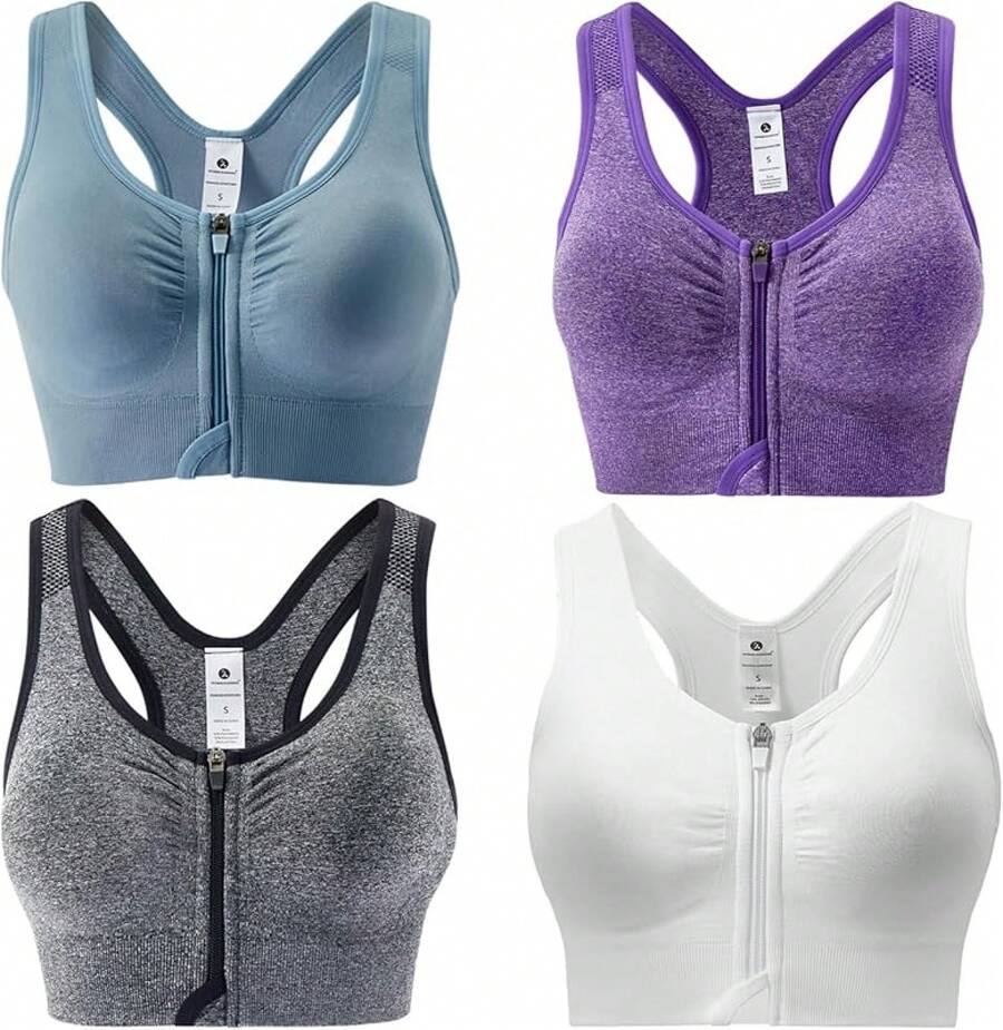 Zip Front Sports Bra For Women - Medium Support Racerback Workout Bra With Removable Pads & Double Hookshalloween - 灰色+紫色+白色+淺藍色 - 查看 1