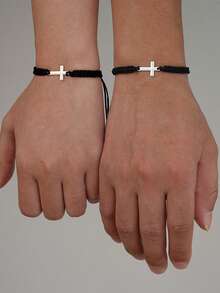 1 pieza Pulsera ajustable trenzada hecha a mano con colgante de cruz de plata con cuentas negras, adecuada para uso diario - Negro - Ver 4