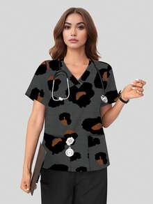 cimmuovere Women's V-Neck Loose Short Sleeve Leopard Print Double Pocket Scrubs Nurse Scrubs Workwear Dentist Healthcare Pet Hospital Laboratory Top