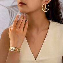 3pcs Set European & American Style Exaggerated Vintage Peace Sign, Minimalist Geometric Open Cuff Bracelet And Stud Earrings For Women - Type a - View 6