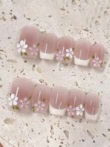 10pcs Cute Floral Handmade Nail Art Stickers, Short Classic French Manicure Style In Nude Pink, Sweet & Minimalist Nails Nail Supplies - Multicolor - View 1