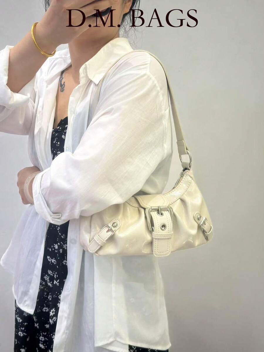 Y2K 女款复古梅洛色做旧软皮机车包，铆钉装饰，带扣装饰，褶皱云朵肩包/腋下包，法棍形方形包，适合工作、通勤、约会、派对 - 白色 - 查看 1
