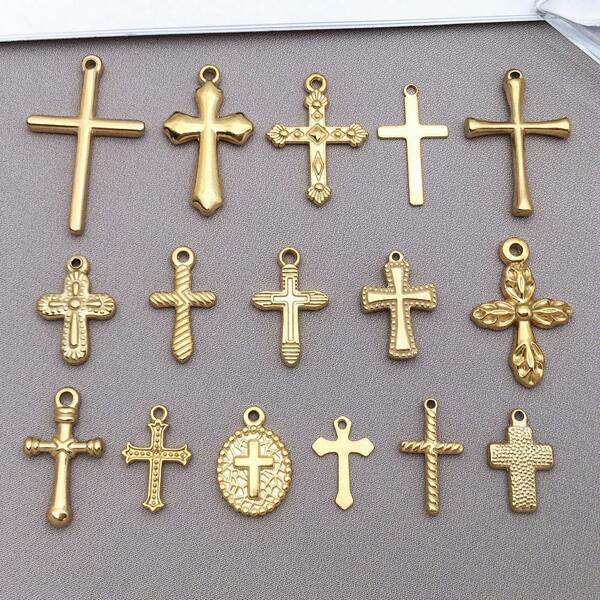 2 piezas de colgantes de cruz dorada de acero inoxidable, colgantes de crucifijo para hacer pulseras, collares, aretes y cadenas de joyería DIY