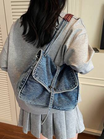 Sac fourre-tout et sac à épaule en denim à grand volume et décontracté pour femmes