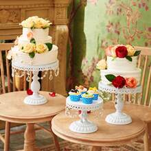 3Pcs Antique Cake Stand Set - Round Metal Cupcake Stands With Pendants And Beads - Elegant Dessert Display, For For Wedding, Birthday Party Decor, Gold/ White/Pink - trắng - Xem 6