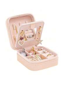 便携式旅行首饰盒，带镜子的拉链首饰盒，迷你珠宝收纳盒，珠宝展示盒，多格珠宝收纳盒，可用于梳妆台，桌面，卧室，适用于戒指，耳环，项链收纳，返校必备品，旅行必备品，收纳必备品，适合女性，母亲礼物，生日礼物，节日礼物