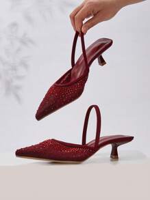 Women's Rhinestone Decor Kitten Heel, Pointed Toe Hollow Slip-On Sandals, Fashionable And Elegant Party And Formal Low Heel Shoes