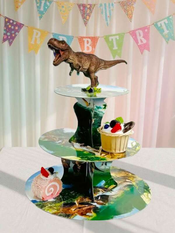 1 pieza Soporte de 3 niveles para cupcakes de dinosaurio, decoraciones de cúpulas con tema de Dinosaur Jurásico para fiestas, Torre de postre de dinosaurio para niños, adecuado para Halloween, fiesta de cumpleaños, decoración de pasteles con temática de Jurassic Diñosauri, soporte de contacto directo sin alimentos