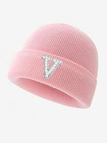 1pc Women's Fashion 26 Faux Pearl Letter Decor Elastic Warm Knit Hat, Outdoor Cold-Proof Cap, Suitable For Autumn/Winter Daily Wear, Matching, Great Gift Autumn Accessories - Pink - View 30