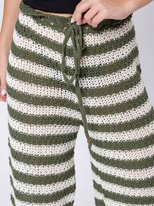 Women's Beach Cover-Up Pants, Crochet, Striped, Knitting, Summer Fashion - 軍綠色 - 查看 5