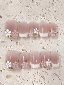 10pcs Cute Floral Handmade Nail Art Stickers, Short Classic French Manicure Style In Nude Pink, Sweet & Minimalist Nails Nail Supplies - Multicolor - View 2