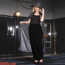 Set de 2 piezas de capa negra y sombrero puntiagudo con estampado de telaraña de colores, conjunto de disfraz de bruja para Halloween, con capa interior intercambiable, disfraz para fiesta de magia y cosplay