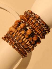12pcs/Set Bohemian Style Brown Beaded Bracelets, Suitable For Women Vacation, Beach & Daily Wear - S-395 Màu hổ phách, hình tròn và phẳng - Xem 9