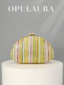 OpulAura 多色条纹闪光手拿包，女士简约贝壳形奢华皮革晚宴手提包，优雅迷人，适合正式礼服，闪闪发光的鸡尾酒会钱包，浪漫婚礼手拿包，配有可拆卸链条 - 彩色 - 查看 1