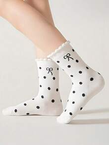 5 Pairs Kids' Thick Warm Polka Dot Bow Lace Mid-Calf Socks, Autumn/Winter - Multicolor - View 4