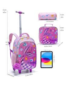 BLING BABIES 3 Pezzi Set Zaino con Ruote per Ragazze, Design Carino a Sirena con Paillettes Rosa, Zaino Scolastico con Ruote per Studenti delle Elementari, Bambini, con Borsa Pranzo e Astuccio
