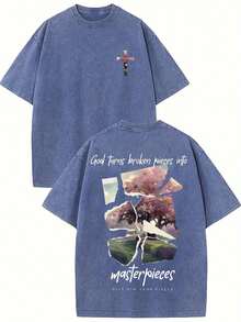 230g Washed, Broken Puzzle Turned Into Masterpiece Printed Double-Sided Men's Summer T-Shirt, High-Quality Wax Printed Cotton All Season Casual Wear, Suitable For Street And Outdoor Activities, Holiday Gifts - 寶藍色 - 查看 1