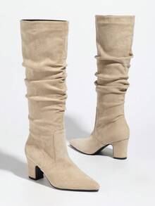 2025 年秋冬女士时尚热销尖头褶皱高跟绒面革和皮革及膝一脚蹬靴，黑色 - 杏色 - 查看 8